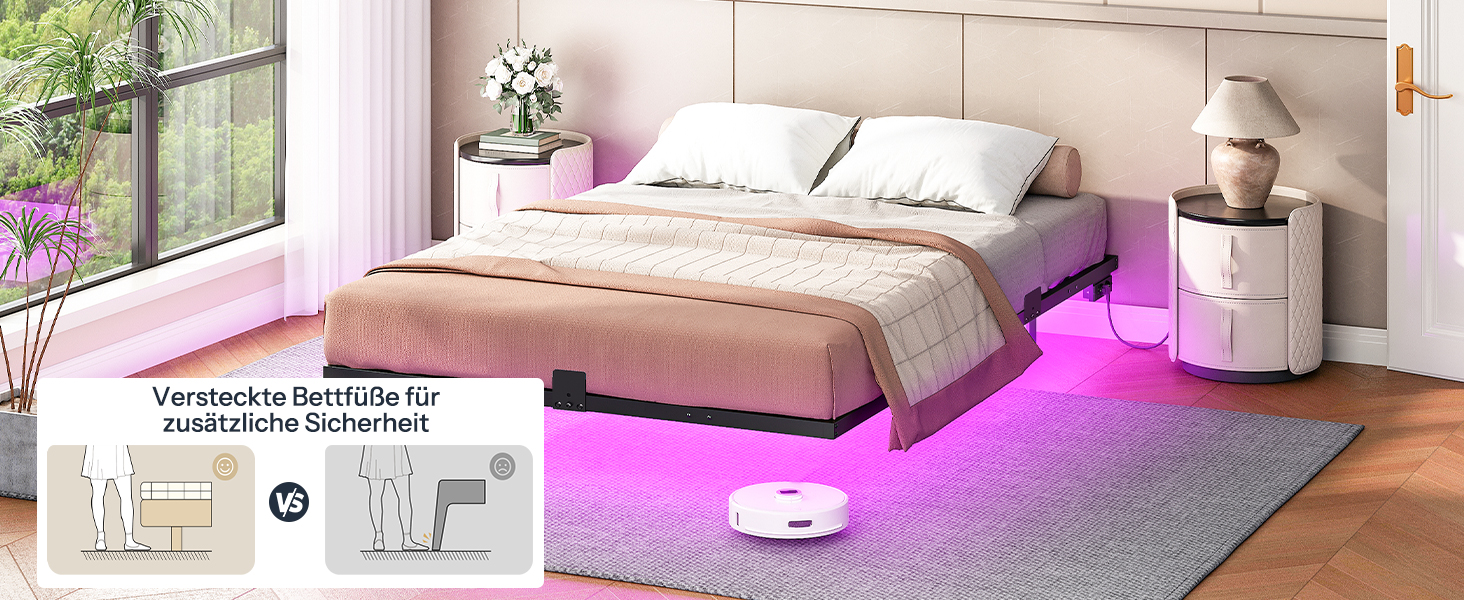 160×200cm Metal Double Bed Frame with LED Lighting and Charging Station, Quiet Stable Guest Bed for Bedroom & Гостевая комната, Легкая сборка, Черный