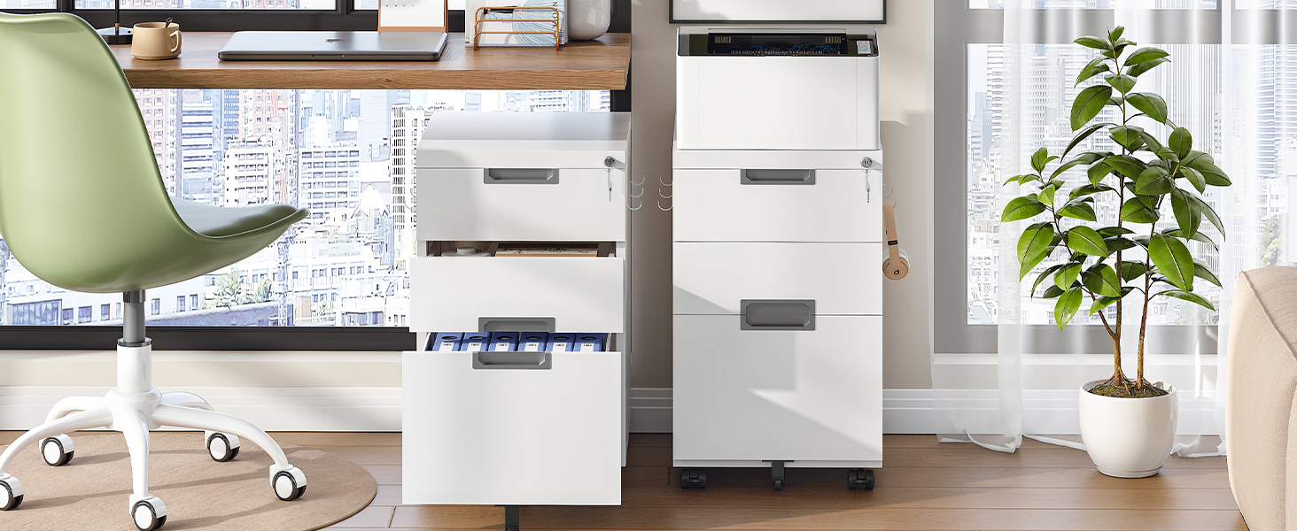 Mobile Lockable Filing Cabinet with 3 Drawers, 5-Wheel Office Storage Container, Desk Base Cabinet Compatible with A4, Legal and Letter Files, White