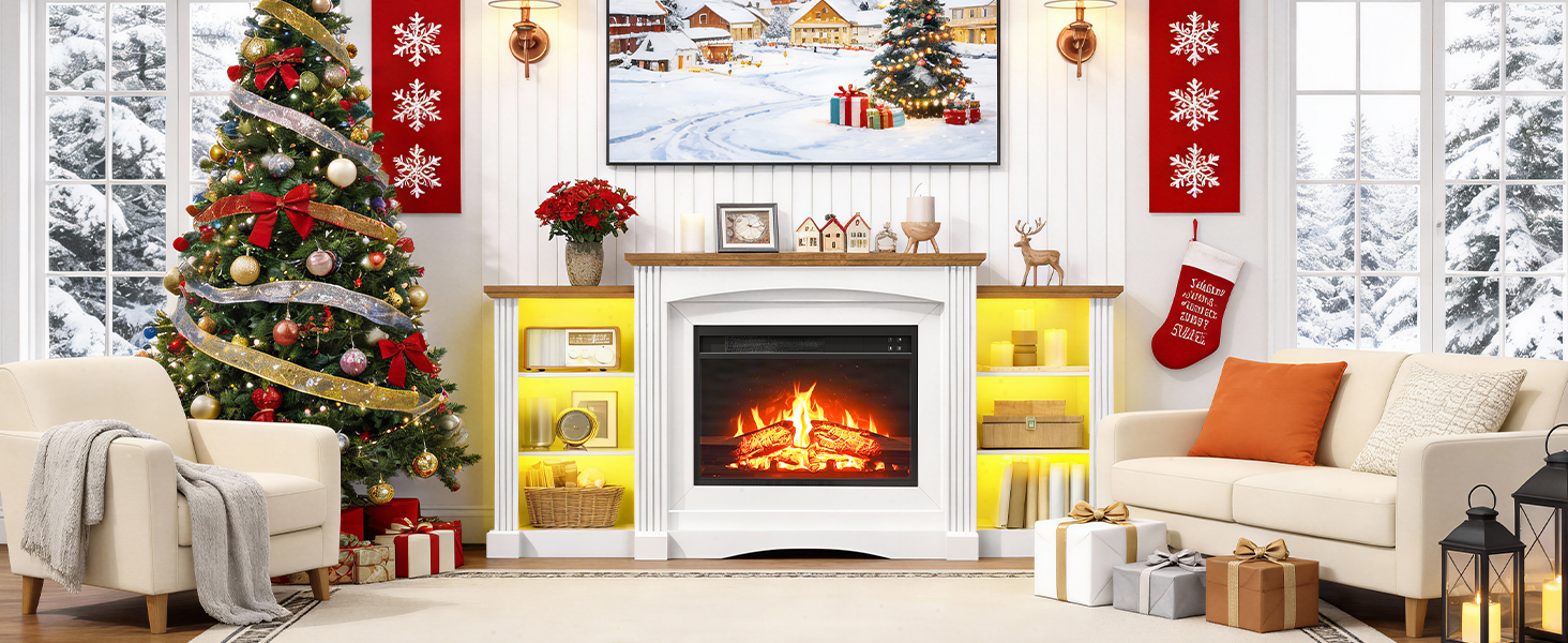 HOOBRO Electric Fireplace with Mantel, Fireplace TV Stand with Led Light, 74" Farmhouse Entertainment Center with Storage, Realistic Stacked Stone Surround and 3D Flame for Living Room, Bedroom