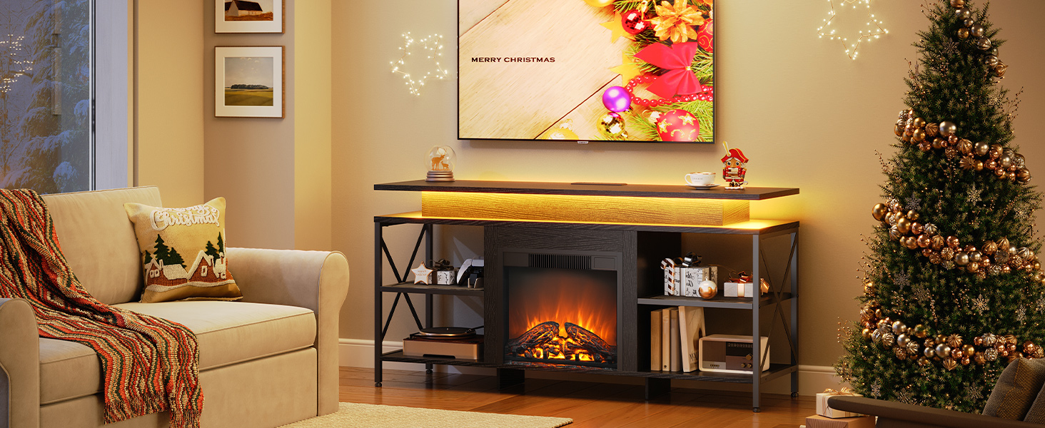 Krbový TV stojan HOOBRO s LED světly, Elektrický krbový TV stojan s nabíjecí stanicí, Moderní zábavní centrum s krbem, Media TV konzole, pro televizory až 65 Palec, Černý