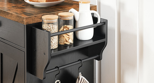 Kitchen Island with Power Outlet, 110cm Rolling Island with Storage, Kitchen Cart with Spice Rack and Hooks, for Living Room, Rustic Brown and Black