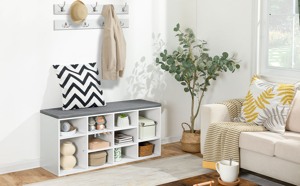 Panca portaoggetti multifunzionale da ingresso con cuscino, 10 Compartimenti & 9 Ganci appendiabiti, Panca scarpiera per ingresso, Corridoio e camera da letto, Bianco & Grigio