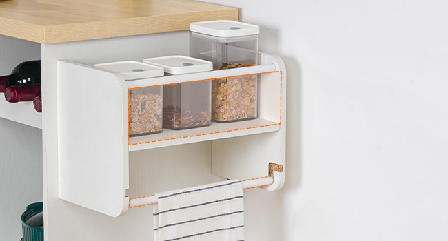 Mobile Kitchen Island Cart with Power Outlet, White & Natural Finish Rolling Storage Island with Cabinet, Wine Rack & Spice Rack