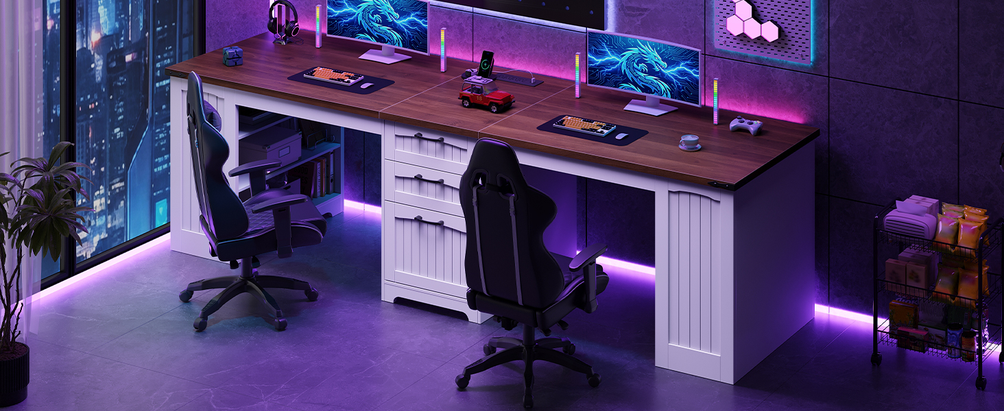 94.5-Inch Double Workstation Desk with Power Module, Farmhouse Style 2-Person Office Desk with Drawers, A4/Letter Size Compatible, Adjustable Shelves, White & Walnut Finish