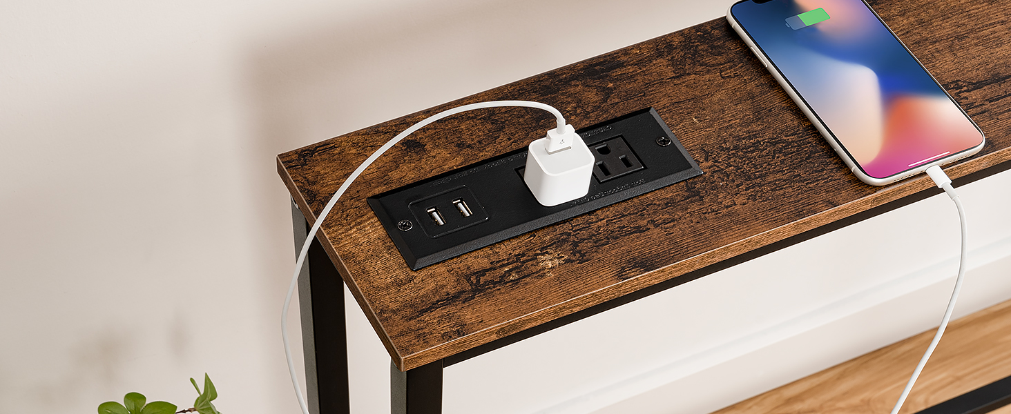 78.7 Inch Narrow Console Table with Integrated Charging Station, 5.9-Inch Depth Sofa Table Equipped with 2 Power Outlets and USB Ports, Long Entryway Table for Hallway, Living Room, Rustic Brown Finish