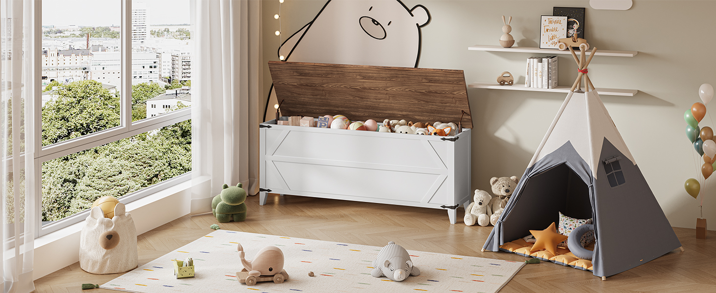 HOOBRO 47.2" Coffre à jouets, Banc de rangement avec charnières de sécurité, Rangement du coffre à jouets, Coffre de rangement en bois pour chambre à coucher, Salon, Blanc et Noyer
