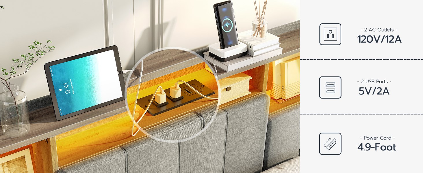 Gray Queen Size Upholstered Platform Bed Frame with Storage Headboard, RGB LED Lighting and Integrated Charging Station, Metal and Wooden Slat Construction, Не требуется коробчатая пружина