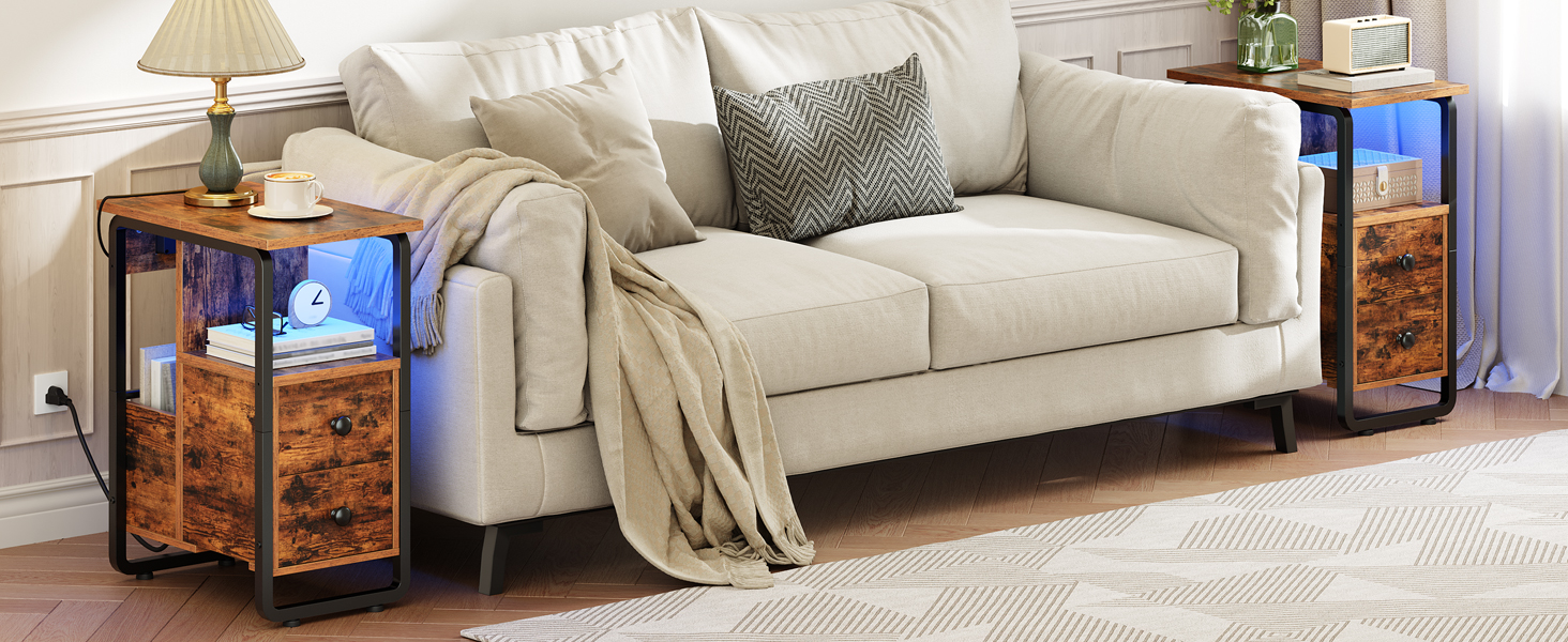 Rustic Brown & Black Narrow End Table with Charging Station and LED Lights, Slim Nightstand with 2 Fabric Drawers and Open Shelves, Suitable for Living Room and Bedroom