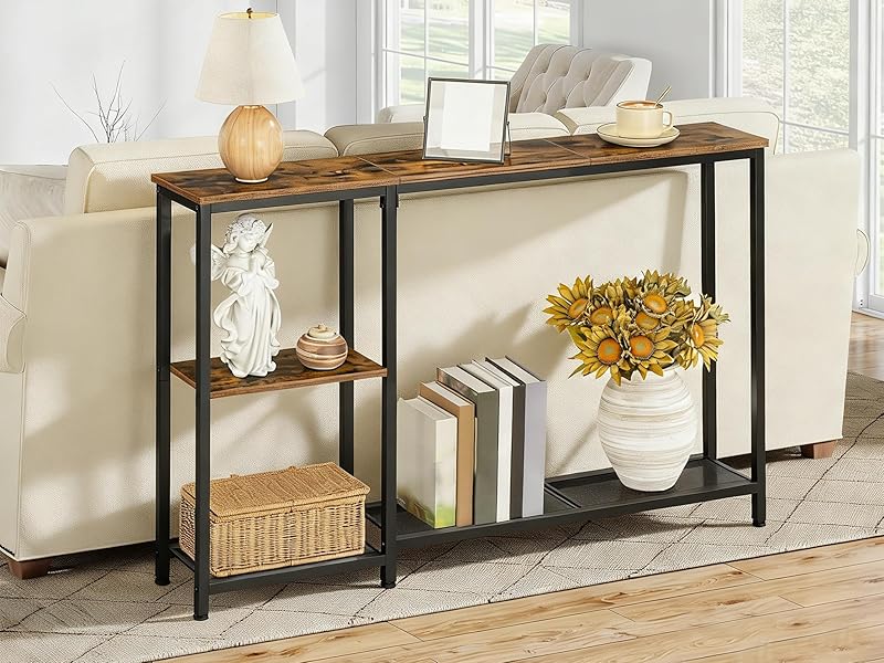 Rustic Brown & Black Narrow Console Table, Skinny Entryway Sofa Table with Storage Shelves, Suitable for Living Room, Foyer and Hallway
