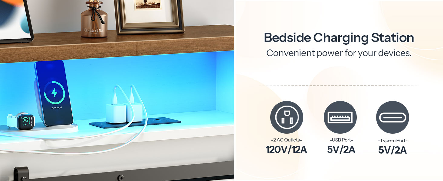 Queen-Size Farmhouse Headboard with Storage, Integrated Charging Station & LED Lighting, Bookcase Design with Flip-Down Drawer & Sliding Barn Doors, White & Walnut Finish