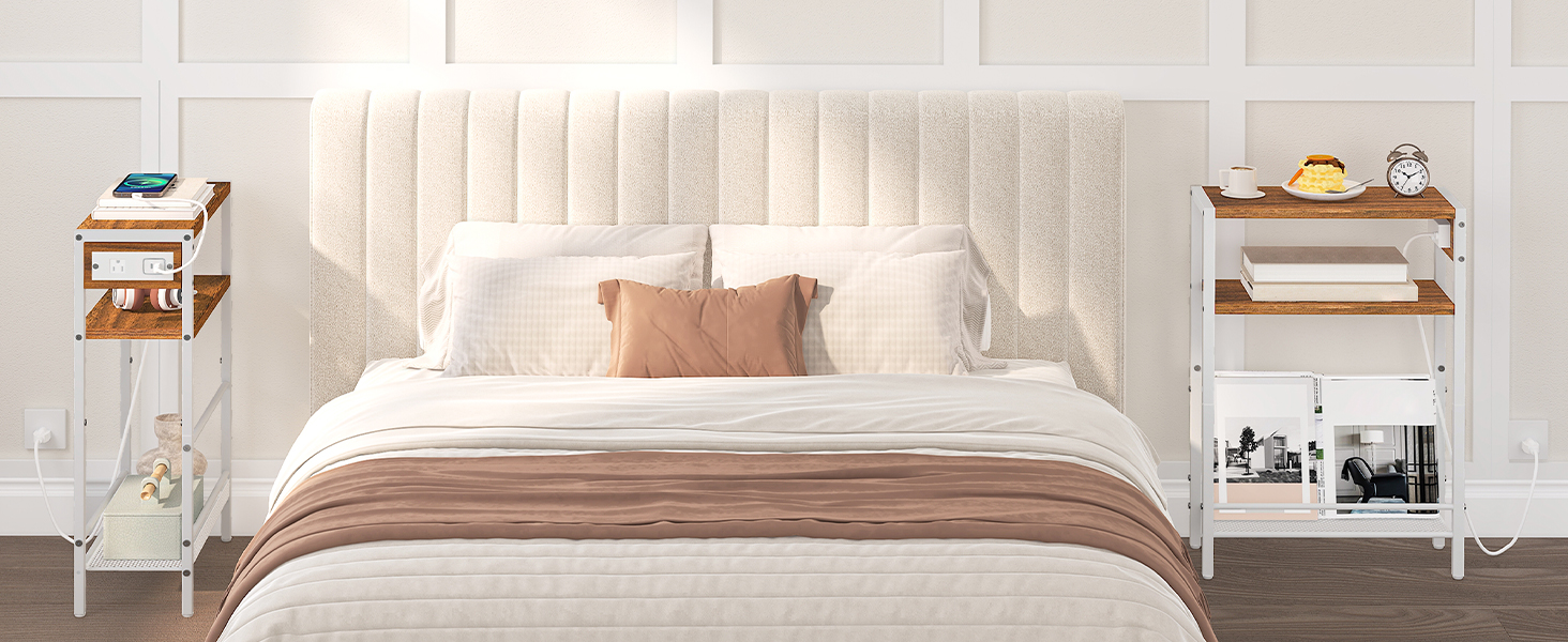 Adjustable Height End Table, 360° Swivel Narrow Side Table with Charging Station, Narrow Sofa Bedside Table for Small Space, Living Room, Bedroom, Black