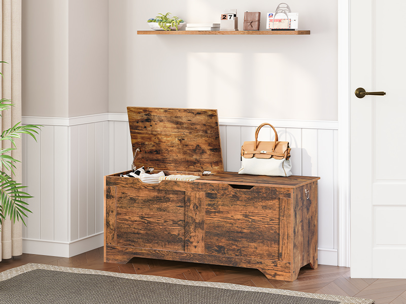 Dual-Lid Storage Chest, 100cm Rustic Brown Storage Bench with Internal Divider, Multifunctional Shoe Bench for Entryway, Living Room and Bedroom