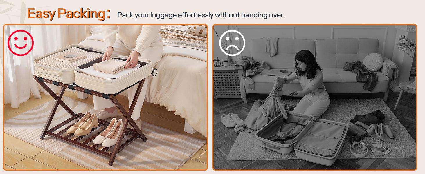 رف أمتعة من الخيزران قابل للطي مع رف تخزين مزدوج الطبقة, دعم حزام النايلون, 110 سعة تحميل رطل, يناسب حقائب السفر مقاس 26 بوصة, للفندق & غرفة نوم, بني
