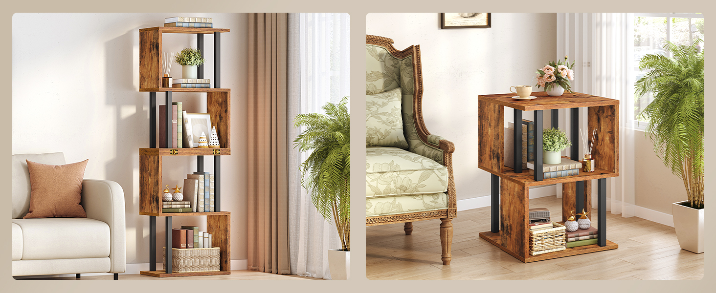 5 Geometrická knihovna ve tvaru písmene S, Dřevěný & Kovová multifunkční skládací knihovna, Moderní dekorativní stojan & Dělič pokojů, Vhodné do kanceláře a obývacího pokoje, Rustikální hnědá & Černá povrchová úprava