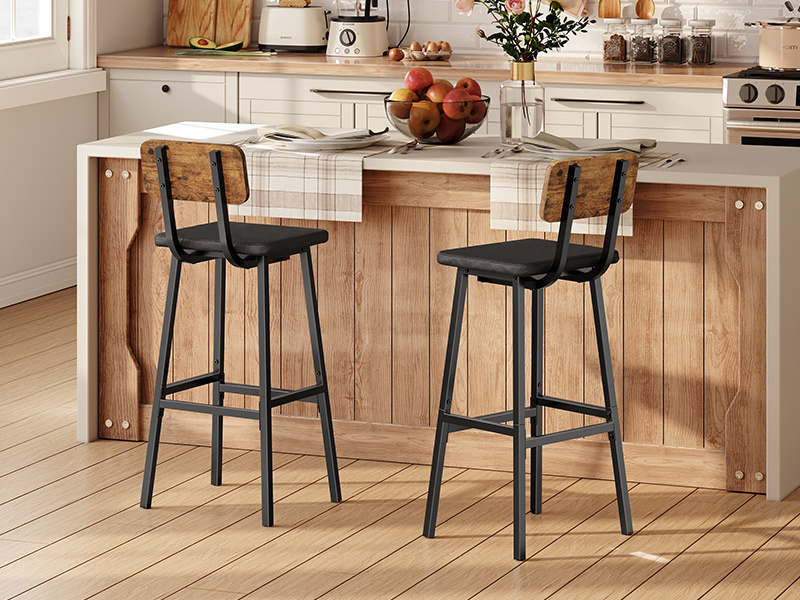 Чорний барний табурет, набір 2 PU м'які високі барні табурети, Кухонні табуретки для сніданку з підняттями, Барні стільці, для кухні, Їдальня, Бар, кафе, Сільський коричневий і чорний