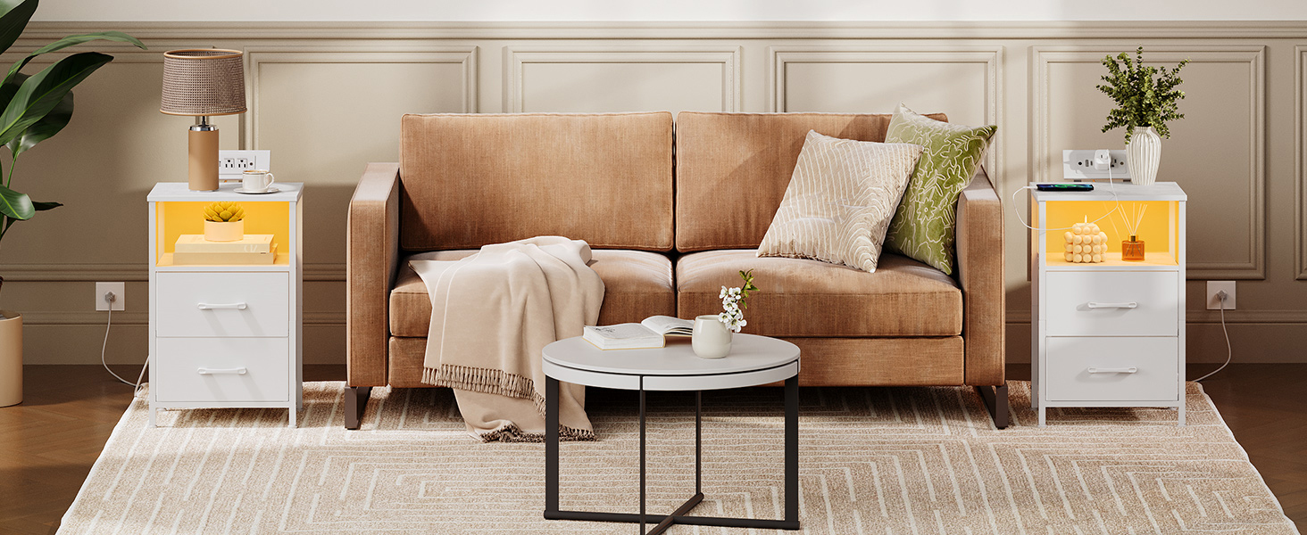 White Bedside Nightstand with Charging Station, LED Illuminated End Table with 2 Fabric Drawers, Equipped with 2 AC Outlets and USB Port, Compact Storage Night Stand for Bedroom