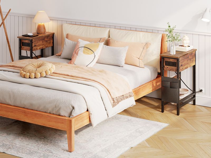 Узкий столик с зарядной станцией, Flip-Top Slim Side Table, Multi-Functional Bedside Nightstand with Storage, Подходит для небольших помещений, Гостиная & Спальня, Рустик Браун & Черный