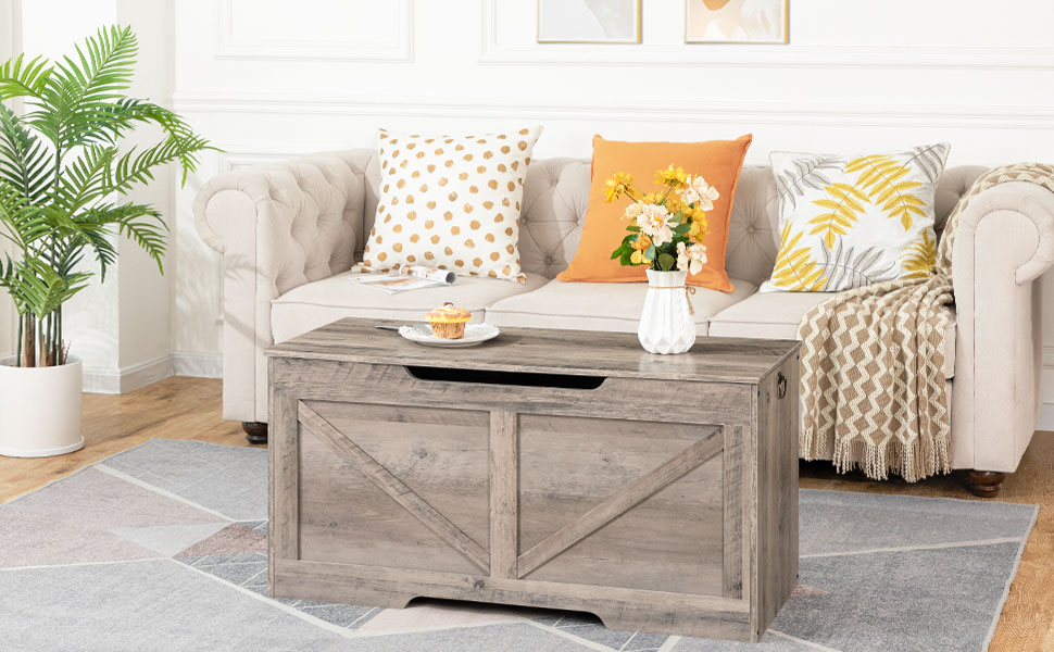 Coffre de rangement, Organisateur de coffre à jouets rétro avec poignée découpée en forme de U, Banc de rangement, Charnière de sécurité, Coffre à jouets robuste, En bois, Les soutiens 220 kg, Assemblage facile, Gris