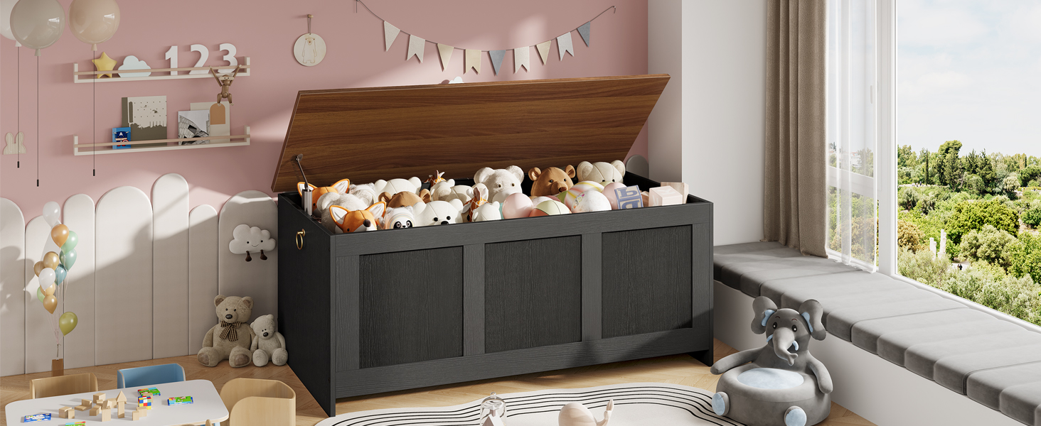 Banc de rangement HOOBRO, 43.3" Coffre de rangement en bois rétro, Tronc de rangement en bois, Coffre jouet avec dessus de levage, Organisateur d'entrée multifonctionnel, pour l