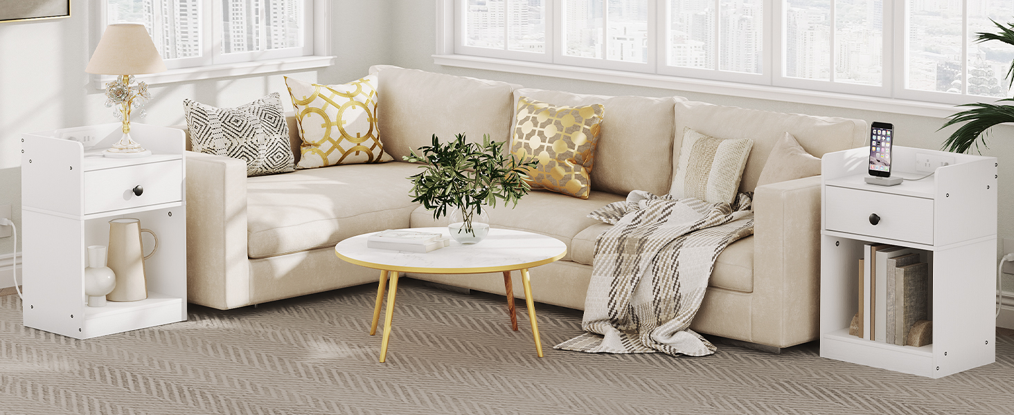 Table de chevet HOOBRO avec station de recharge, Table de bout avec tiroir et tablette ouvrante, Table de chevet avec ports et prises USB, Petit stand de nuit pour la chambre, Style simple, Blanc