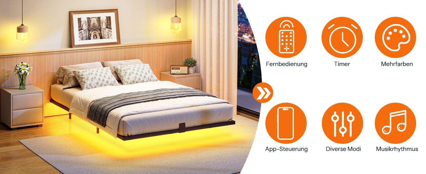 160×200cm Metal Double Bed Frame with LED Lighting and Charging Station, Quiet Stable Guest Bed for Bedroom & Гостевая комната, Легкая сборка, Черный