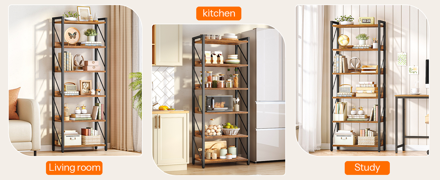 6-Tier Industrial Bookshelf, Metal-Frame Bookcase Storage Organizer, Tall Display Shelf for Living Room, Bedroom, Home Office and Kitchen, Rustic Brown & Black