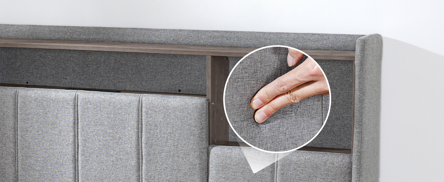 Gray Queen Size Upholstered Platform Bed Frame with Storage Headboard, RGB LED Lighting and Integrated Charging Station, Metal and Wooden Slat Construction, Не требуется коробчатая пружина