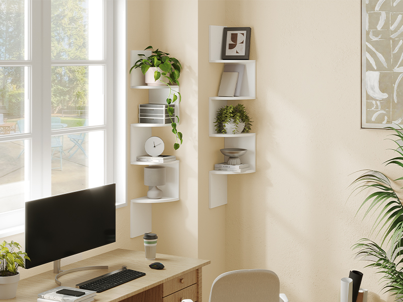 Corner Shelf Wall-Mounted, Set of 2 Floating Corner Shelves, 4-Tier Corner Storage Shelves for Living Room, Bedroom, Bathroom, Home Office, White