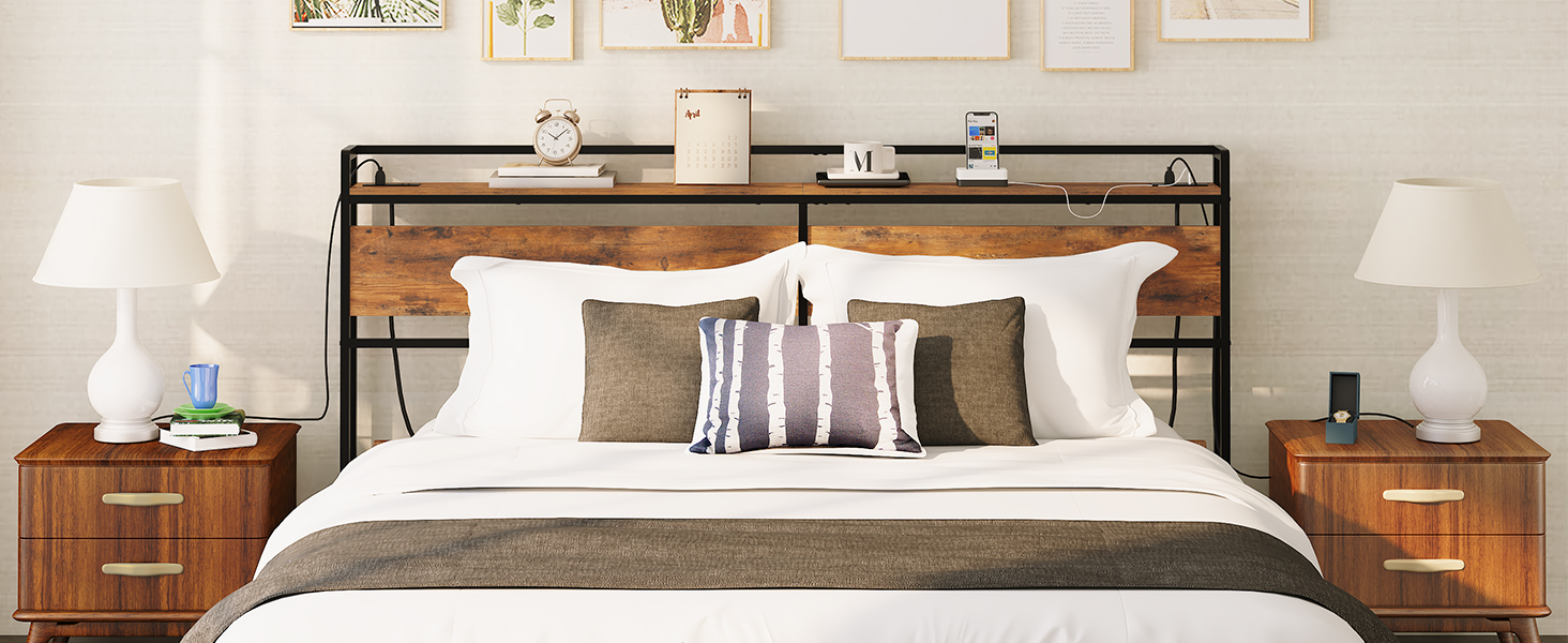King Size Headboard with Power Outlets & منافذ يو اس بي, Height-Adjustable Design with Storage Rack, Sturdy Rustic Brown & Black Headboard, تجميع سهل