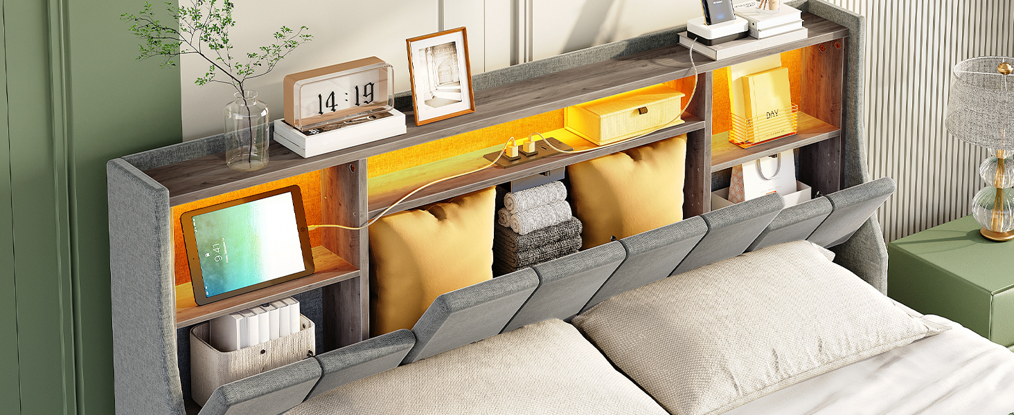 Gray Queen Size Upholstered Platform Bed Frame with Storage Headboard, RGB LED Lighting and Integrated Charging Station, Metal and Wooden Slat Construction, Не требуется коробчатая пружина