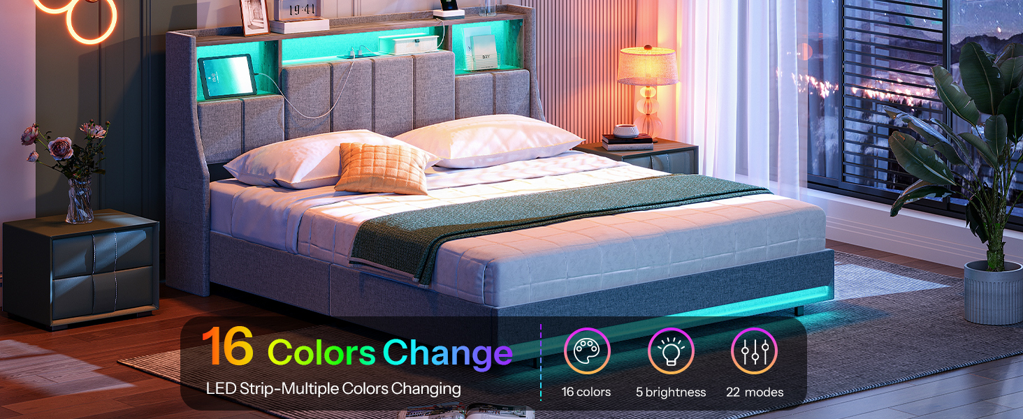 Gray Queen Size Upholstered Platform Bed Frame with Storage Headboard, RGB LED Lighting and Integrated Charging Station, Metal and Wooden Slat Construction, Не требуется коробчатая пружина