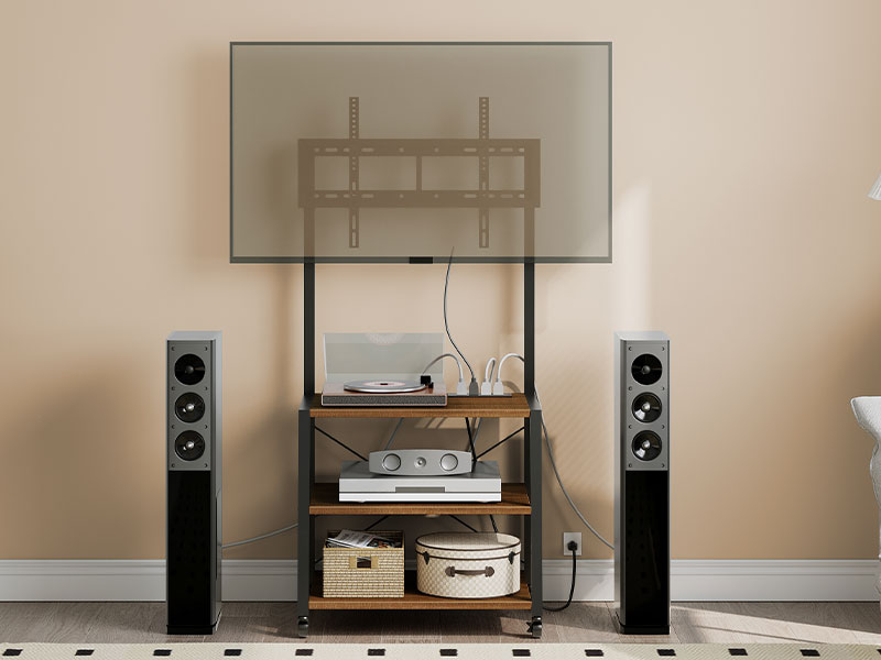 Rolling TV Stand with Mount and Power Outlet, Compatible with Up to 55-Inch TVs, Black and Walnut Corner Entertainment Center with 3-Tier Storage Shelves, Suitable for Living Room and Bedroom