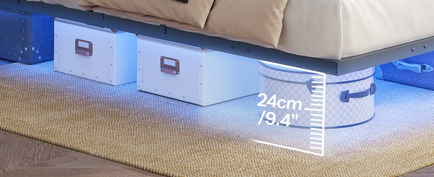 Πλωτό πλαίσιο κρεβατιού πλήρους μεγέθους, Κρεβάτι με μεταλλική πλατφόρμα βιομηχανικού στιλ με ενσωματωμένο σταθμό φόρτισης και φωτισμό LED, Σχεδιασμός Μείωσης Θορύβου, Δεν απαιτείται ελατήριο κουτιού, Μαύρο φινίρισμα