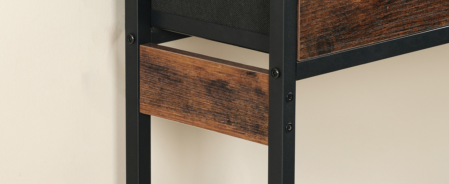 Slim Console Table with 3 Gavetas, Castanho Vintage & Black Metal-Frame Side Table with Adjustable Feet, Industrial Style Sofa Table for Hallway and Living Room