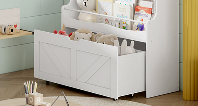 White Children's Bookshelf and Toy Storage Organizer, Equipped with Movable Drawer and Crossbar, Multi-Functional Bookcase for Display, Suitable for Playroom or Nursery