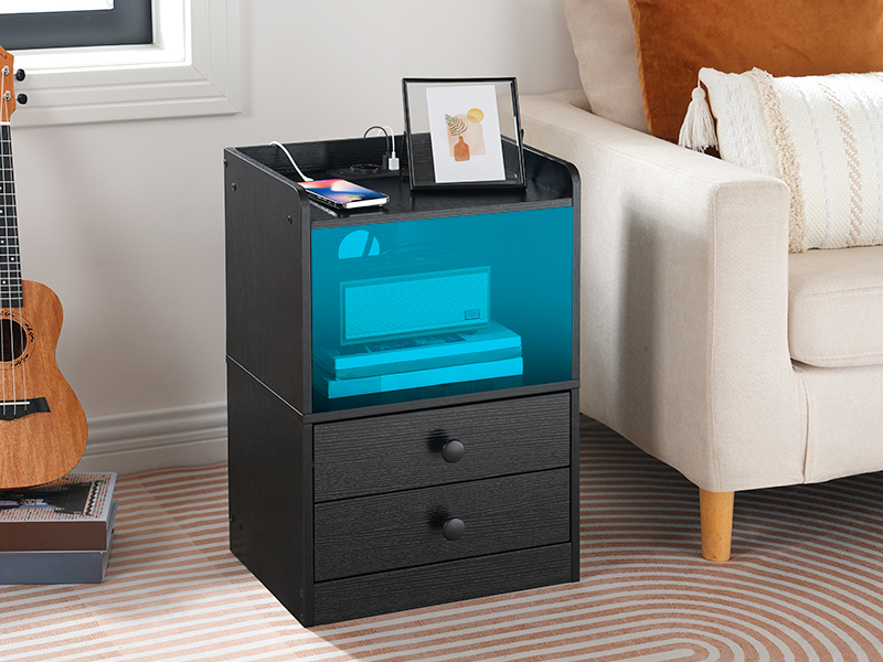 Bedside Table with LED Strip and Charging Station, 2-Drawer Storage Unit, Adjustable Light, Modern Style, Black, for Bedroom & Living Room