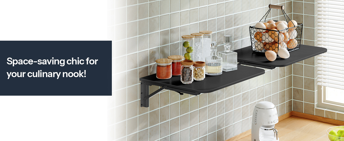 HOOBRO Black Floating Folding Desk with Iron Bracket - Wall-Mounted Drop Leaf Table for Small Spaces, Kitchen, Laundry Room & Office