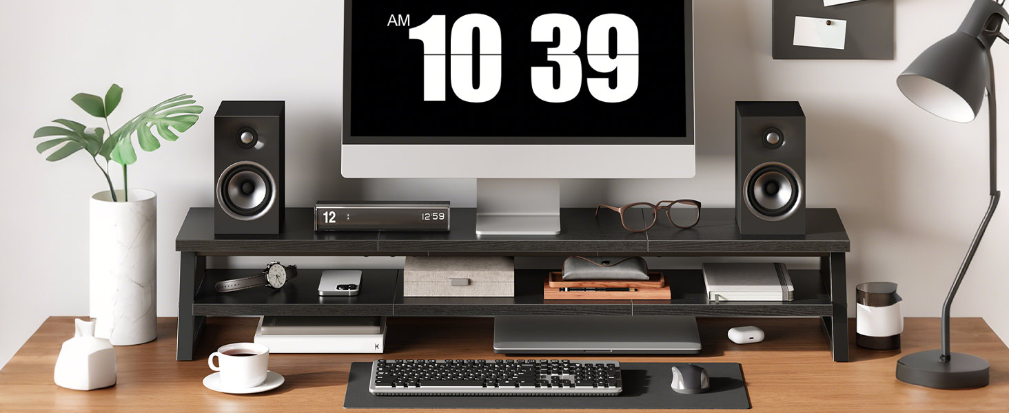 2-Tier Dual Monitor Stand Riser, 39-Inch Large-Capacity Monitor Elevation Shelf for 2 Monitors, Multi-Functional Desk Organizer for Office Workspace & Accessories, Black