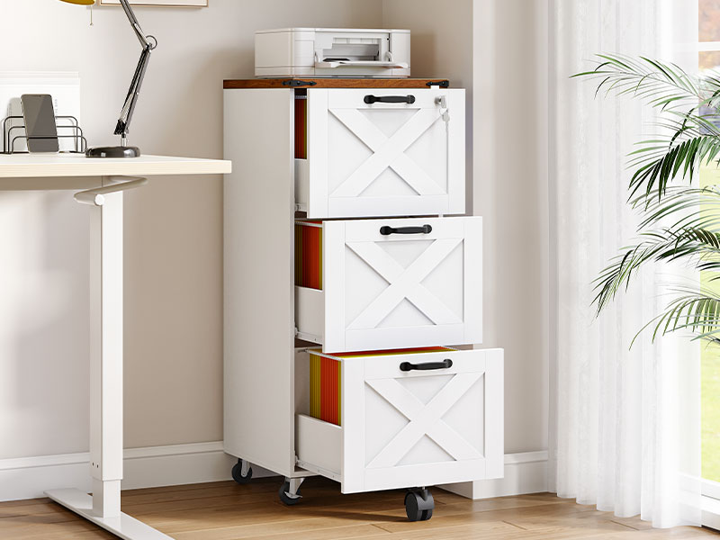 HOOBRO 3 Drawer File Cabinet with Lock, Farmhouse Office Cabinet, Wooden Tall Mobile Filing Cabinet Fits A4 and Letter-Size File Folder, Tulostinteline, kotitoimistoa varten, Valkoinen ja pähkinä