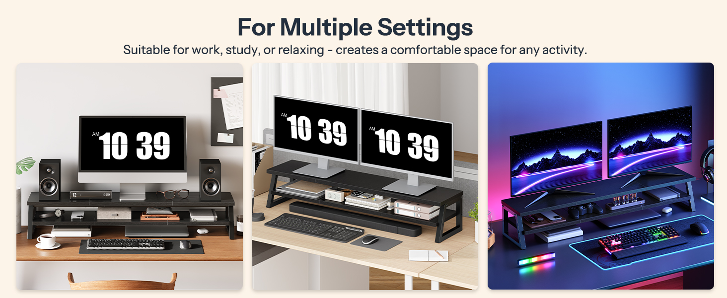 2-Tier Dual Monitor Stand Riser, 39-Inch Large-Capacity Monitor Elevation Shelf for 2 Monitors, Multi-Functional Desk Organizer for Office Workspace & Accessories, Black