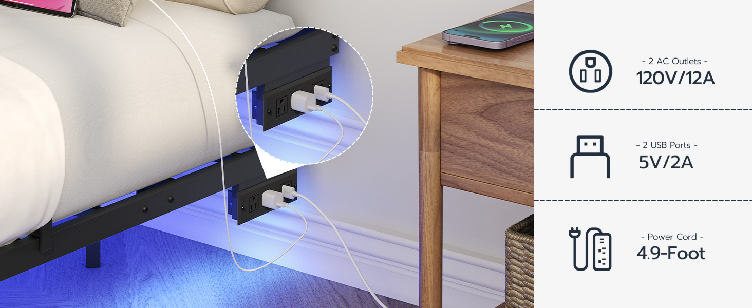 Πλωτό πλαίσιο κρεβατιού πλήρους μεγέθους, Κρεβάτι με μεταλλική πλατφόρμα βιομηχανικού στιλ με ενσωματωμένο σταθμό φόρτισης και φωτισμό LED, Σχεδιασμός Μείωσης Θορύβου, Δεν απαιτείται ελατήριο κουτιού, Μαύρο φινίρισμα