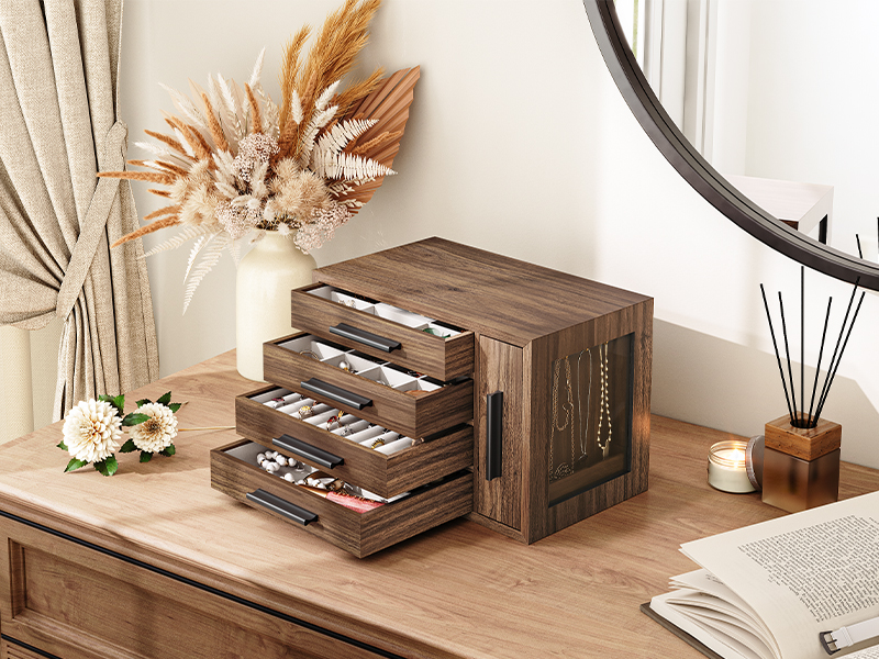 Walnut & Black Wooden Jewelry Organizer Box, 4-Layer Storage Case with Transparent Window, Suitable for Earrings, Necklaces, Rings and Cosmetics