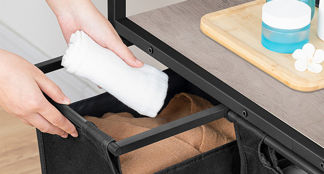 3-قسم فارز الغسيل مع العجلات, Removable Oxford Fabric Laundry Hamper, جريج وأسود, تصميم قابل للسحب