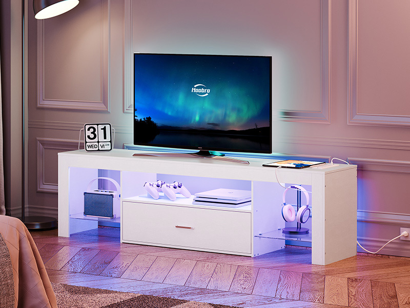 White LED TV Stand with Power Outlets, Compatible with Up to 65-inch TVs, Gaming Entertainment Center with Glass Shelves and Large Drawer, Modern Media Console for Living Room and Bedroom