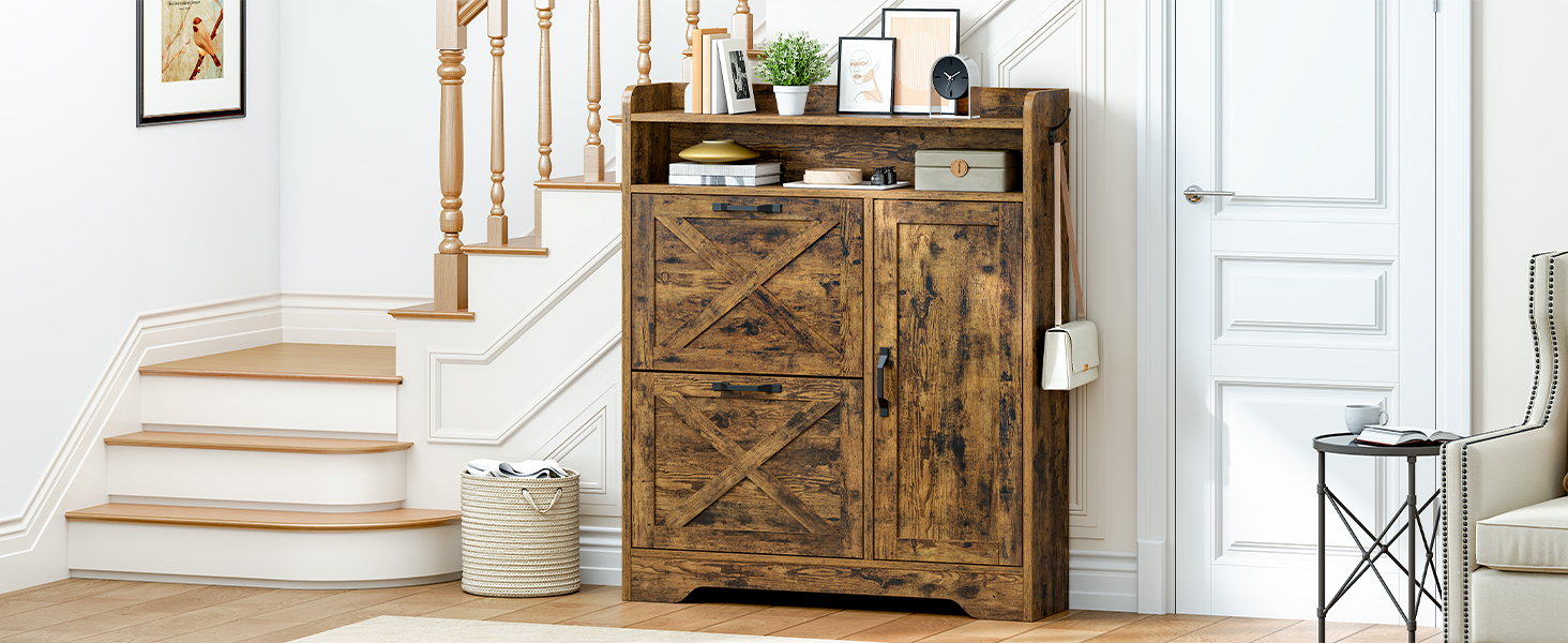 Shoe Storage Cabinet with 2 Flip Drawers, Slim Entryway Shoe Cabinet with Adjustable Side Storage, Wooden Shoe Organizer for Hallway, Rustic Brown