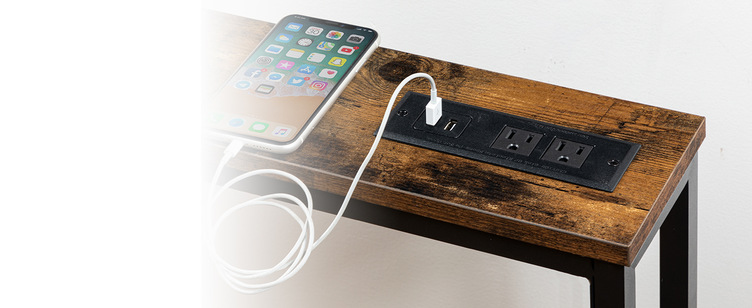 Суперузкий консольный столик с розеткой, Столик за диваном с зарядной станцией, Деревенский коричневый тонкий стол для прихожей для гостиной