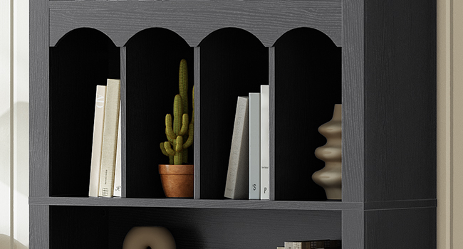 70.9-Palec oblouková knihovna, 5-Otevřená knihovna ve stylu Tier Farmhouse, Dřevěná úložná skříň do obývacího pokoje & Kancelář, Černá povrchová úprava