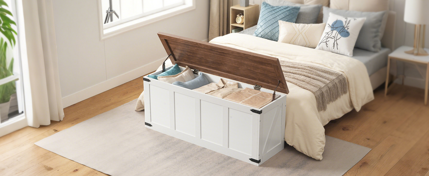 HOOBRO Banc de rangement en bois de ferme de 47,2 po avec charnières de sécurité, Coffre organisateur de jouets pour couloir, Chambre à coucher, Salon - Blanc & Noyer