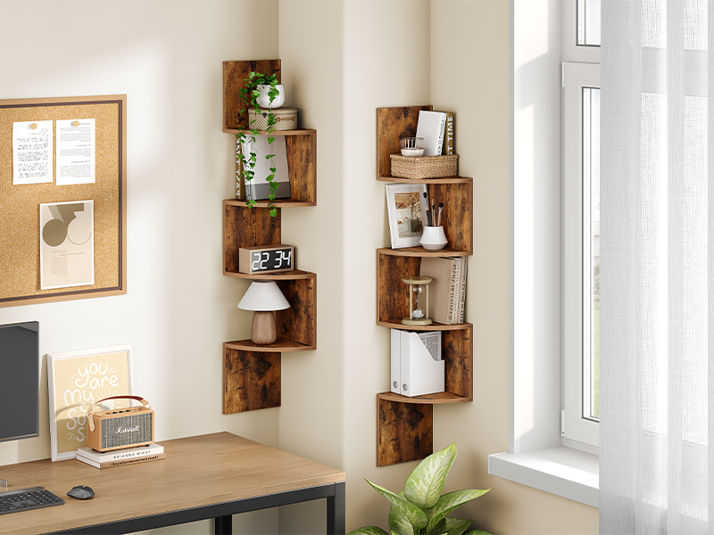 Zestaw 2 Narożne półki wiszące do montażu na ścianie, 4-Regały do przechowywania zygzakowatego poziomu, Organizator wielu scenariuszy do salonu, Sypialnia, Łazienka & ministerstwo spraw wewnętrznych, Rustykalne brązowe wykończenie