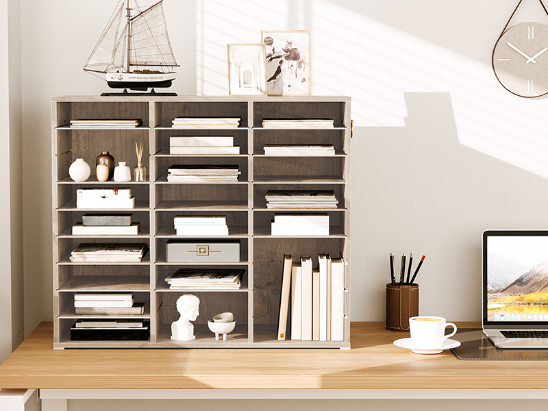27-Přihrádkový dřevěný organizér na literaturu, Grey Countertop Mail Sorter with Adjustable Shelves, Vhodné do domácnosti, Kancelář, School and Classroom Student Mailbox